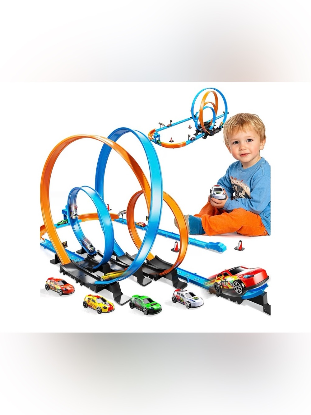 LILYBUDS Toy Car Race Track Set for Boys with 4 High-Speed Pull Back Race Cars